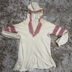 Free People | Cream Hooded Tunic with Red Embroidered Trim| Size L
